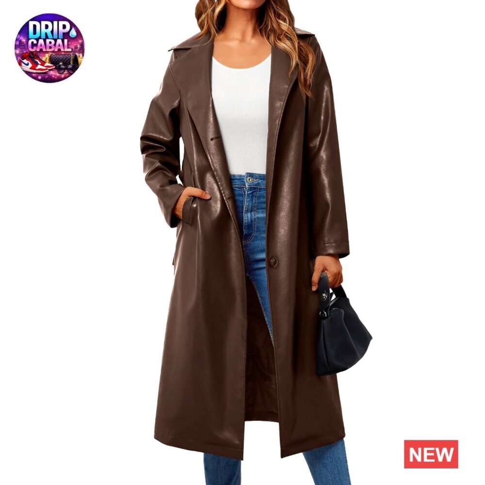 Faux Leather Trench Coat Long Lapel Open Front Belted Chic Elegant Peacoat